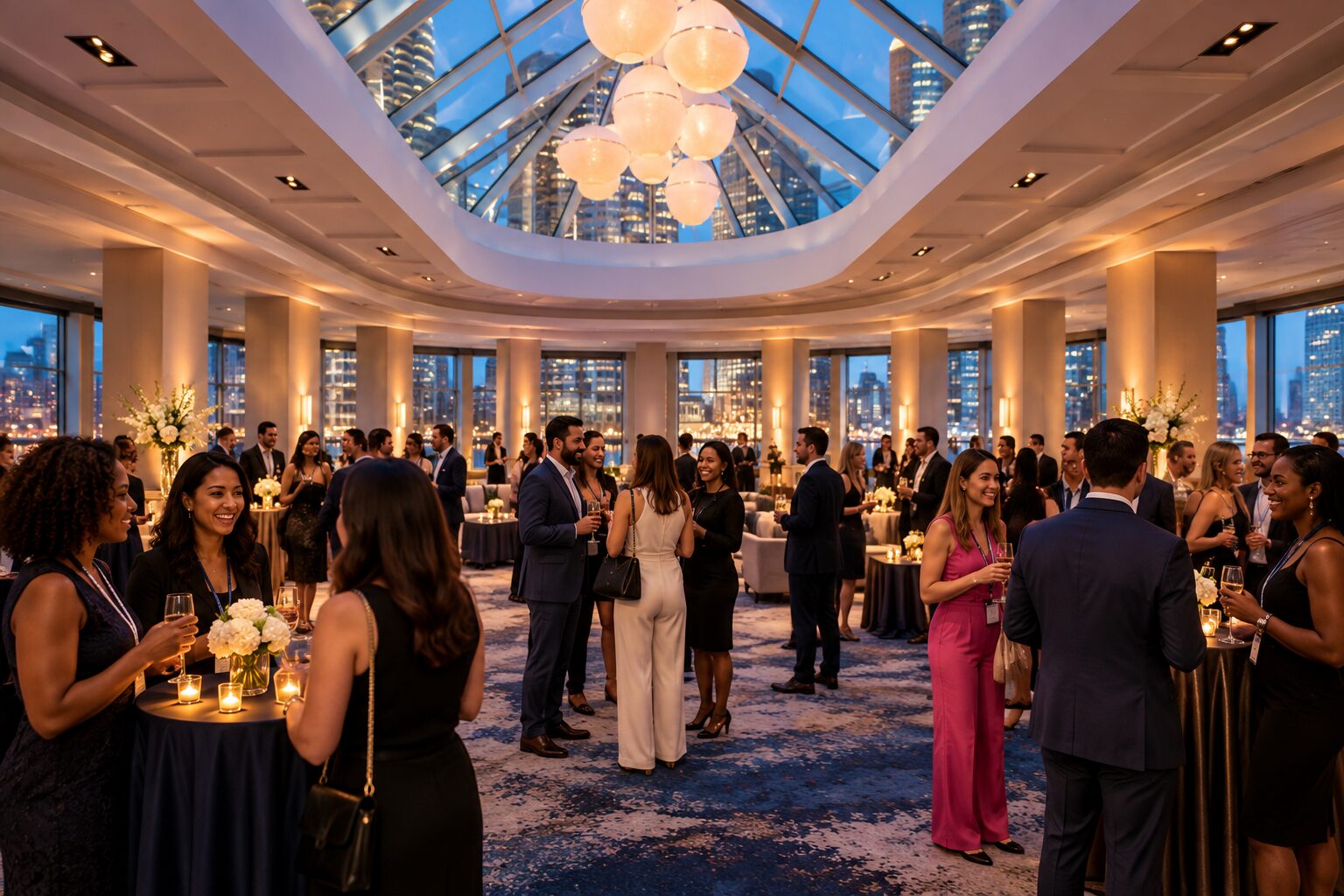 Networking reception with Chicago skyline